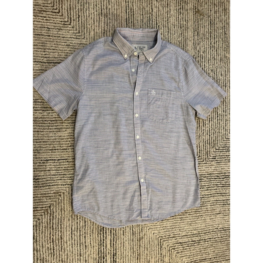 Original Penguin Shirt Medium Blue Striped Short Sleeve Button Down Men's